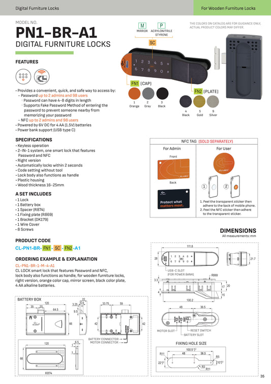 Khóa Nội Thất Điện Tử – Mã PN1-BR-A1 - Dành cho tủ gỗ – dùng PIN Alkaline – có tay nắm liền